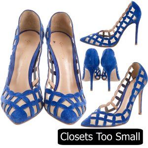 Gianvito Rossi Blue Suede and Mesh Cutout Pumps